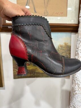 Women's Black & Red Leather Ankle Heeled Boots